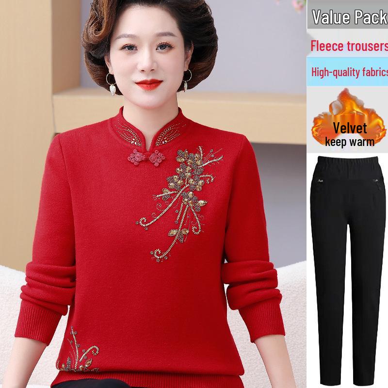 Mom's Chinese Embroidered Top: Fashionable Plus Velvet Sweater for Middle-Aged & Elderly Women, Autumn/Winter Base Layer