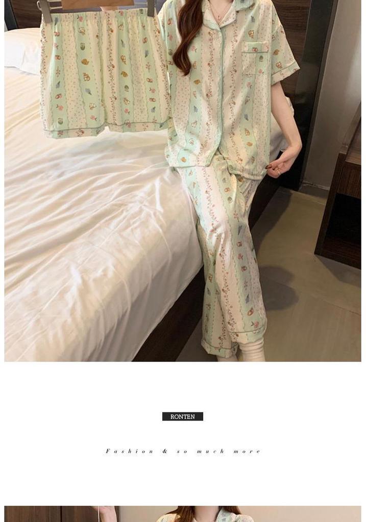 Women's Cloud Cotton Three-Piece Pajama Set - Spring/Summer Short-Sleeve Lapel Cardigan, Sweet Forest Girl Homewear Style