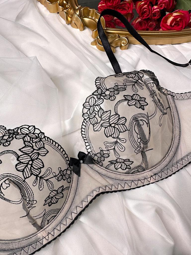 2024 Floral Embroidery Push-Up Sheer Lingerie Set