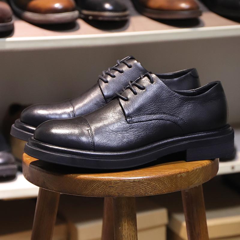 

Кожаные дышащие универсальные деловые повседневные кожаные туфли мужские с круглым носком на шнуровке на толстой подошве износостойкие синие туфли дерби 44 чёрный