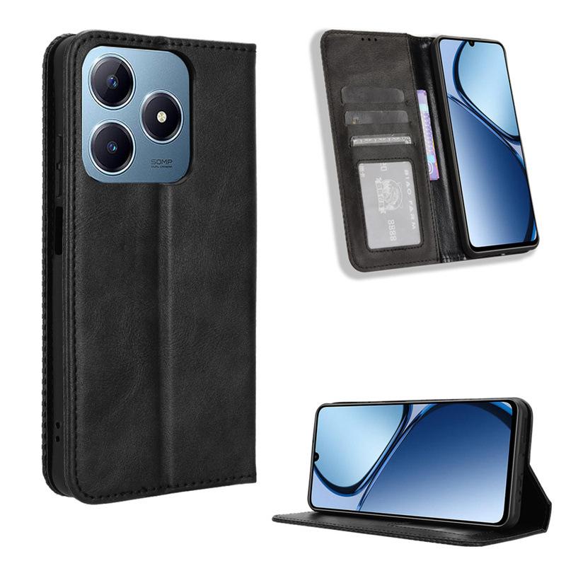 

Флип-чехол для Realme C63 4G/Realme C61 4G кожаный чехол [Flip Vintage Leather] ударопрочный прочный ретро-чехол для телефона for Realme C63/C61 4G чёрный