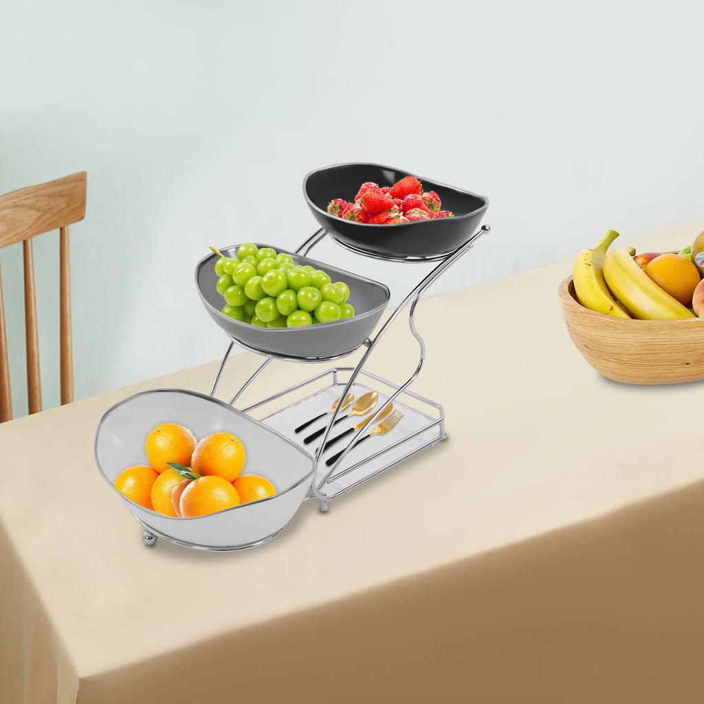 3-Tier Ceramic Fruit Snack Serving Bowl Set, Modern Tiered Fruit Display Stand with Acrylic Base, Iron Frame for Kitchen, Party
