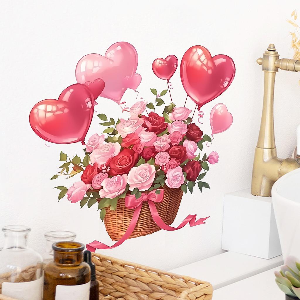 Romantic Heart Basket Floral Wall Sticker Self-Adhesive Removable for Bedroom Dorm Room Home Decor