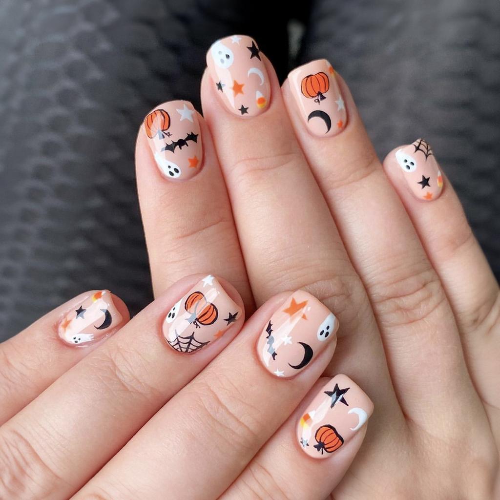 Halloween Falsche Nägel Kurz Press-On Nägel Quadratisch Schwarz Vollabdeckung Klebenägel Halloween Nägel Mit Süßen Sternen-Designs Extra Kurz Für Halloween Dekorationen