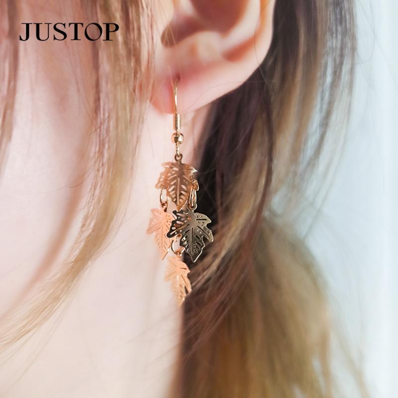 French New Style Fresh Leaf-shaped Tassel Earrings