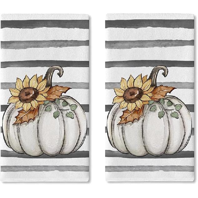 Fall Hello Pumpkin Kitchen Dish Towels Set of 2, Autumn Thanksgiving Buffalo Plaid Drying Hand Towel Baking Cooking Cloth, Polka Dots Seasonal