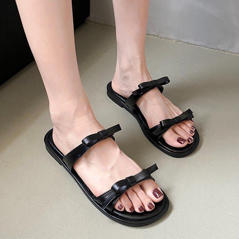 2025 with new bow open-toed children wear French skirt spring and summer half slippers flat shoes one-word belt