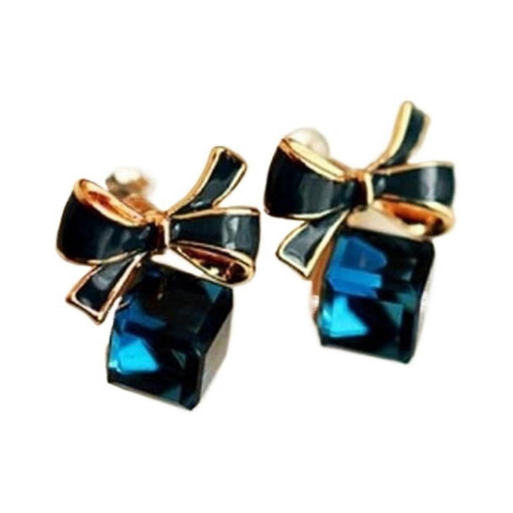 Fashion Gold Color Bowknot Cube Crystal Earrings for Women - Elegant Drop & Dangle Square Bow Earrings