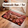 Highland Cow Theme Soft Crystal Velvet Rug Custom Name & Text Print Non Slip Floor Rug for Bedroom Living Room