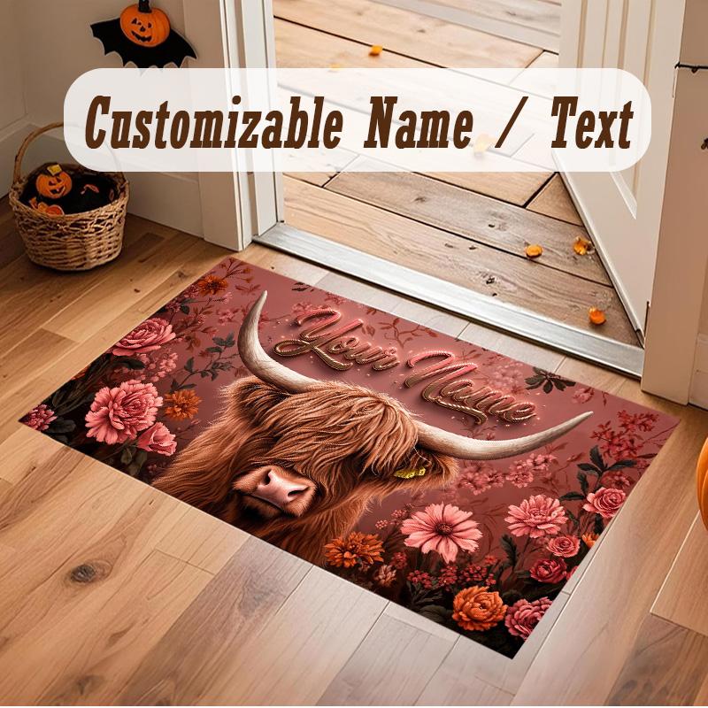 Highland Cow Theme Soft Crystal Velvet Rug Custom Name & Text Print Non Slip Floor Rug for Bedroom Living Room