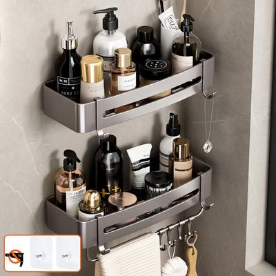 Bathroom Rectangle Shelf Aluminum Grey Lavatory Kitchen Bathroom Shampoo Soap Storage Triangle Rack Holder with Hooks Free Nail