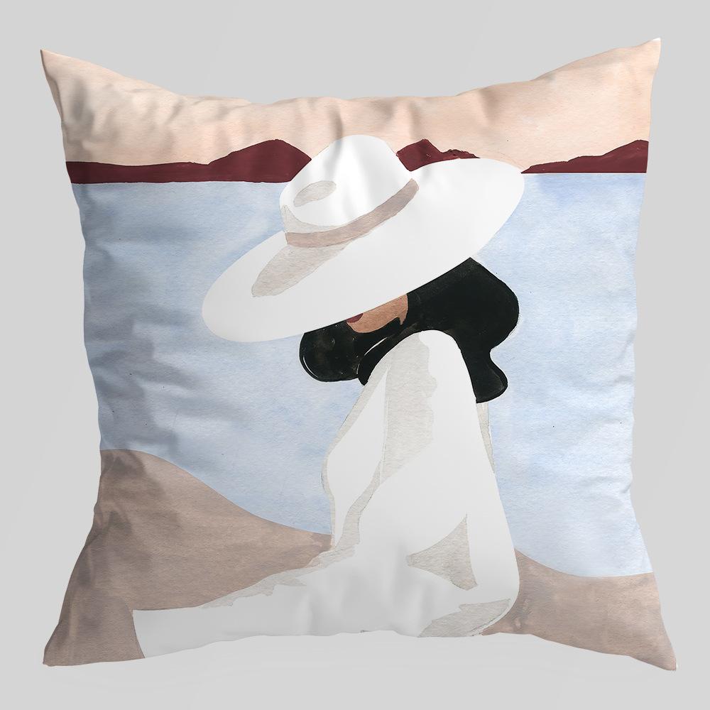 Abstract Green Plant Figures Seascape Pillow Cover Nordic Ink Painting Short Velvet Sofa Car Pillow Cushion Cover