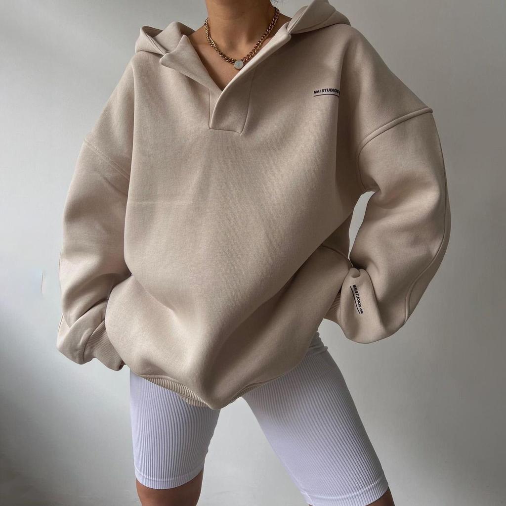 Damen Langarm Kapuzenpullover V-Ausschnitt Lockere Pullover Damen Tops Einfarbig Sweatshirts