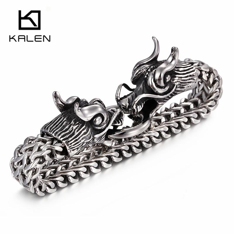 Chinese Dragon Head Charm Bracelets for Men Gold Color 316 Stainless Steel Jewelry High Polished Curb Chain Bracelet