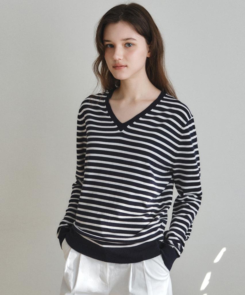Wednesday Oasis For Woman Washable Mild Stripe V-Neck Knit_Navy(Wc26Kn11)