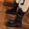 High-heeled Short Boots Women's 2025 Autumn and Winter New British Wind Pleated Piled Boots Belt Buckle Warm Inner Height-increasing Leather Boots