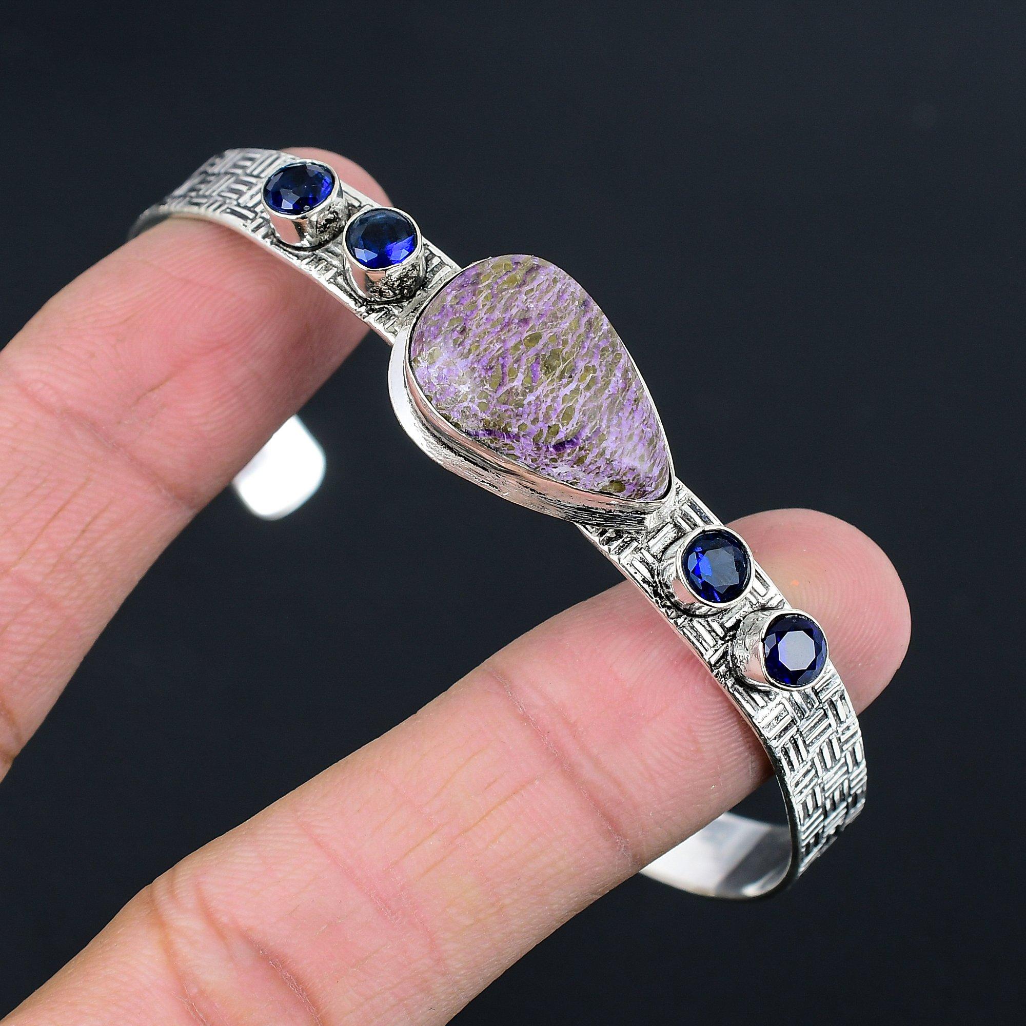 

Pear Purpurite Gemstone Blue Topaz 925 Silver Mother Art Deco Artisan New Bangle Adjustable