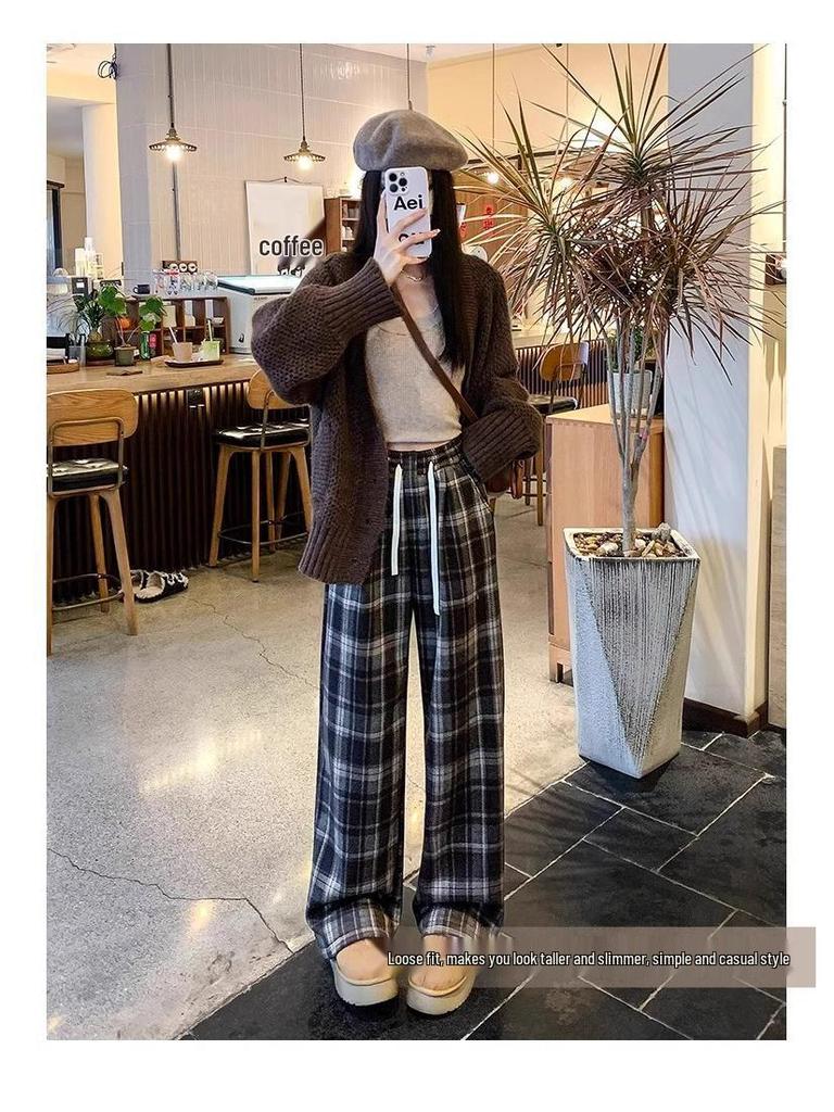 150cm Christmas Plaid Wide-Leg Pants for Petite Women - Autumn & Winter Casual Versatile Outfit
