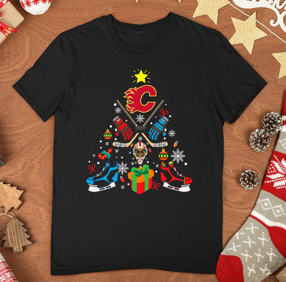 Calgary Flames Christmas Tree Hockey T-shirt Black Tee Xmas Gift  JJ4904 Unisex T-Shirt XL