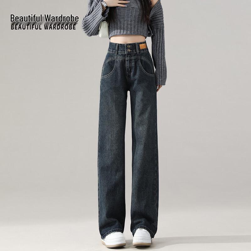 Women s Retro High-Waist Double-Button Wide-Leg Jeans M