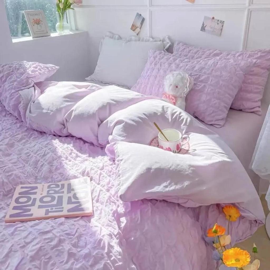 Juego de Ropa de Cama de Princesa Estilo Francés Algodón Lavado Color Sólido Seersucker Verano Suave Nuevo 2024 Juego de Sábanas Juego de Funda Nórdica