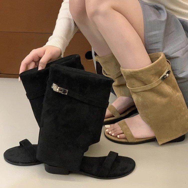 Small Inner Height Increase 5cm Slope Heel Women's Cool Boots 2025 New Summer Breathable Open-toed Sandals Lock Trouser Boots