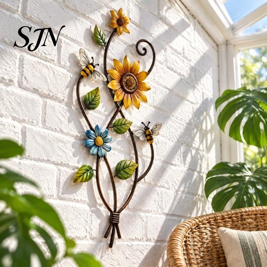 Home Garden Wall Ornaments Sunflower Bee Art Decor, 2D Flat Floral Hanging, Country Acrylic Decor Flower Ornament for Fence Porch Entryway Gift