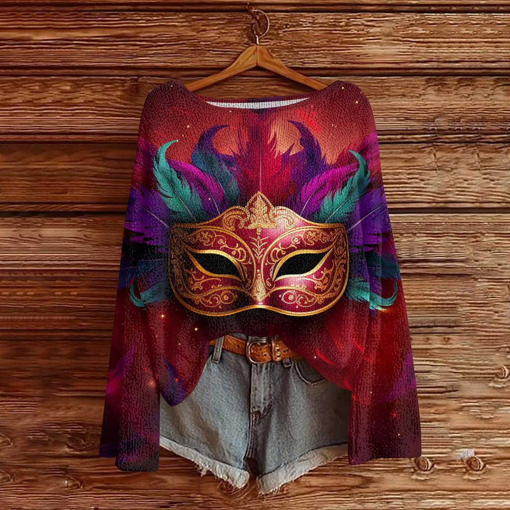 Damen Casual Mode Rundhals Oberteil Karneval Print Langarm Strickpullover