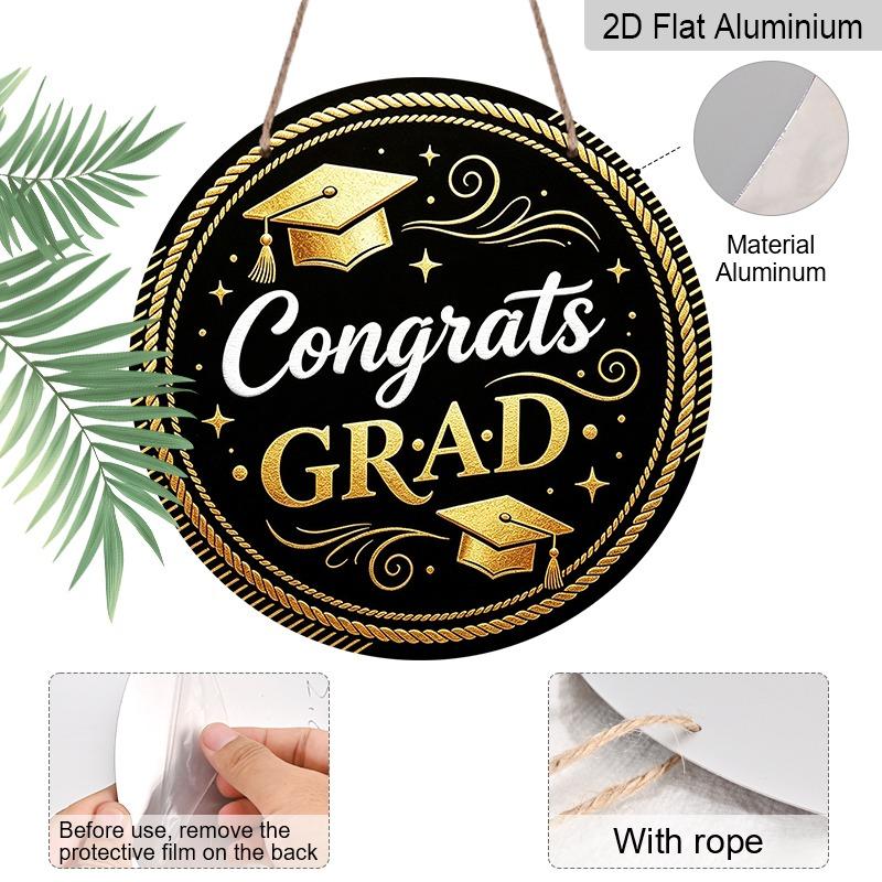 2D Flat Aluminum Graduation-themed Wall Decoration Available in Multiple Sizes Features A Black and Gold Minimalist Graduation Cap Design Making It A
