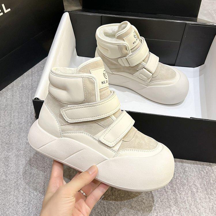 

Женские зимние ботинки на толстой подошве 2024 года, новые зимние туфли на липучках с высоким берцем, маленькие белые туфли с набивкой и утолщенной подошвой, большие хлопковые туфли 40