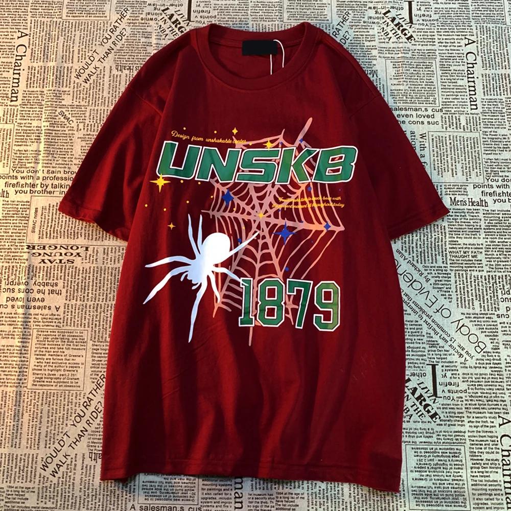 Knitted Love American Retro Spider Print Short Sleeve T-shirt Men Women Trendy Cotton Loose Versatile Couple Tops T Shirt