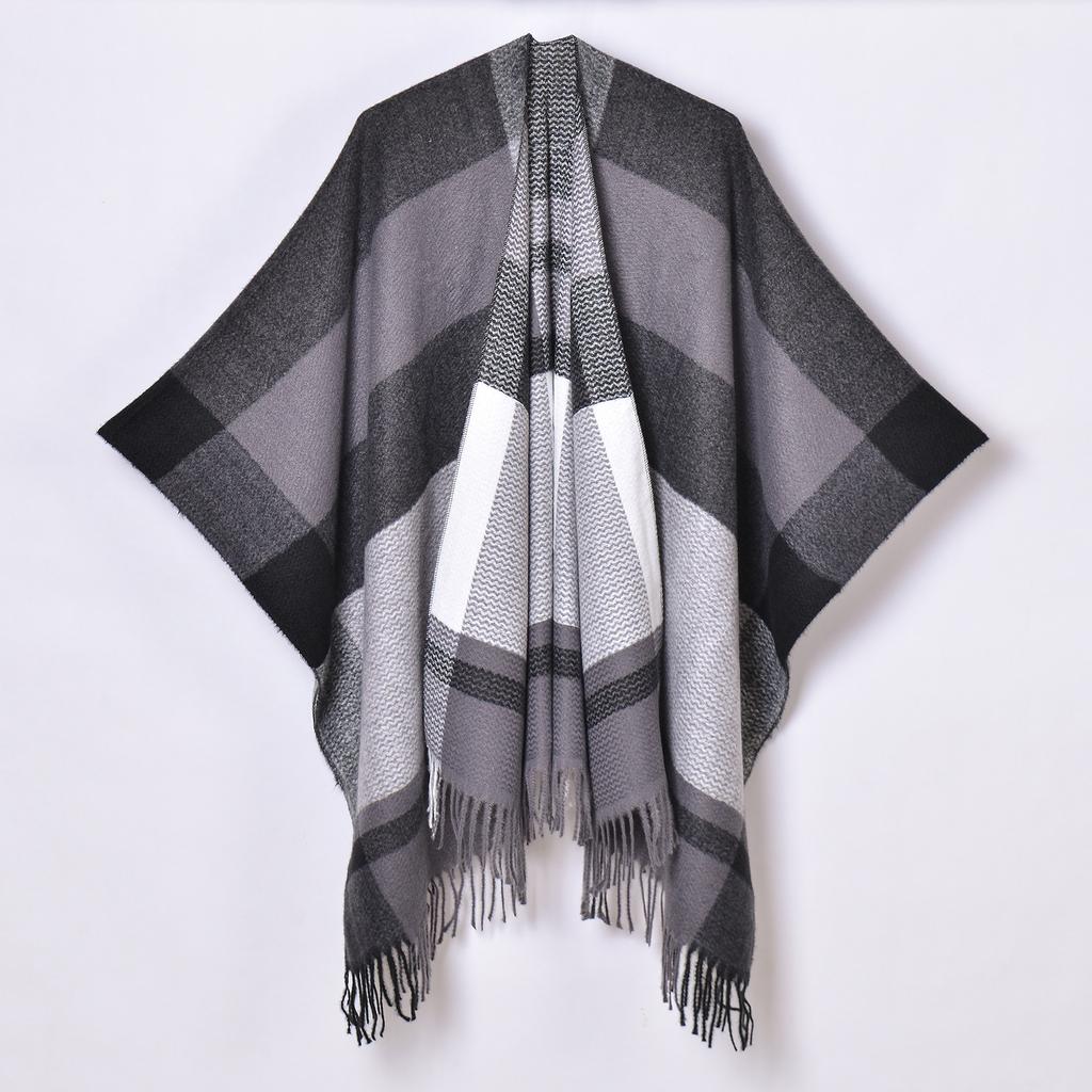 Foreign Trade, New Tassel Split Shawl Autumn and Winter Women's Simple Plaid Jacquard Scarf Cape