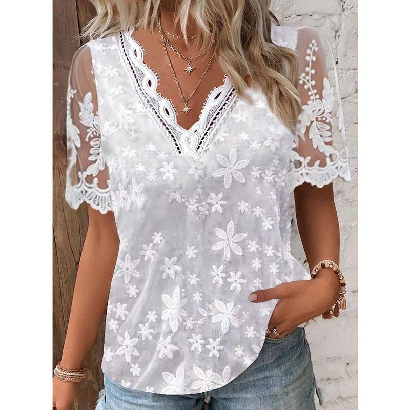 BITCED Women's Fashion Casual Solid Color Print V-Neck Short Sleeve Blouses & Shirts