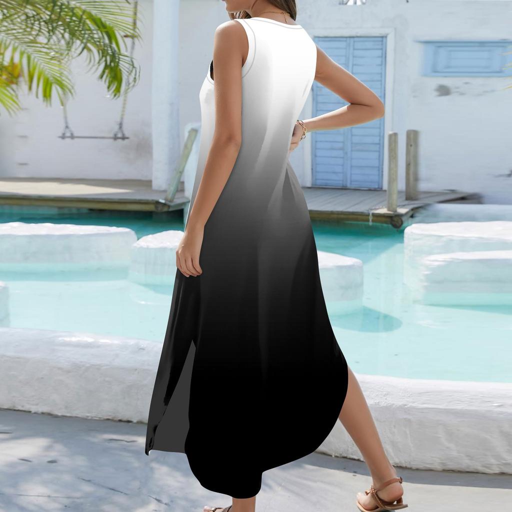 Women's 2024 Summer Casual Loose Sundress Long Dress Print Sleeveless V Neck Split Tshirt Maxi Dresses