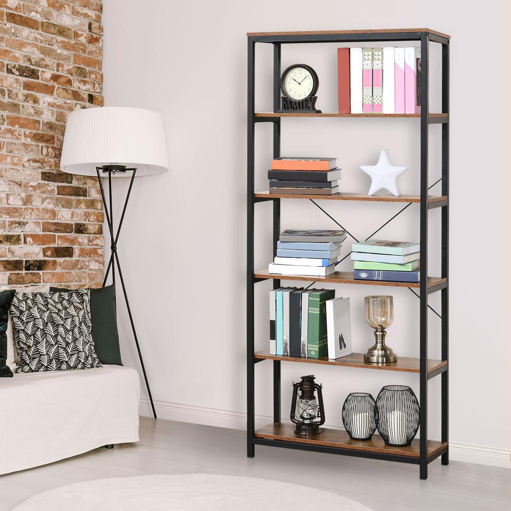 Bookshelf, 6 Open Shelves, Anti-Tip System, 80 x 30 x 180 cm, Rustic Brown