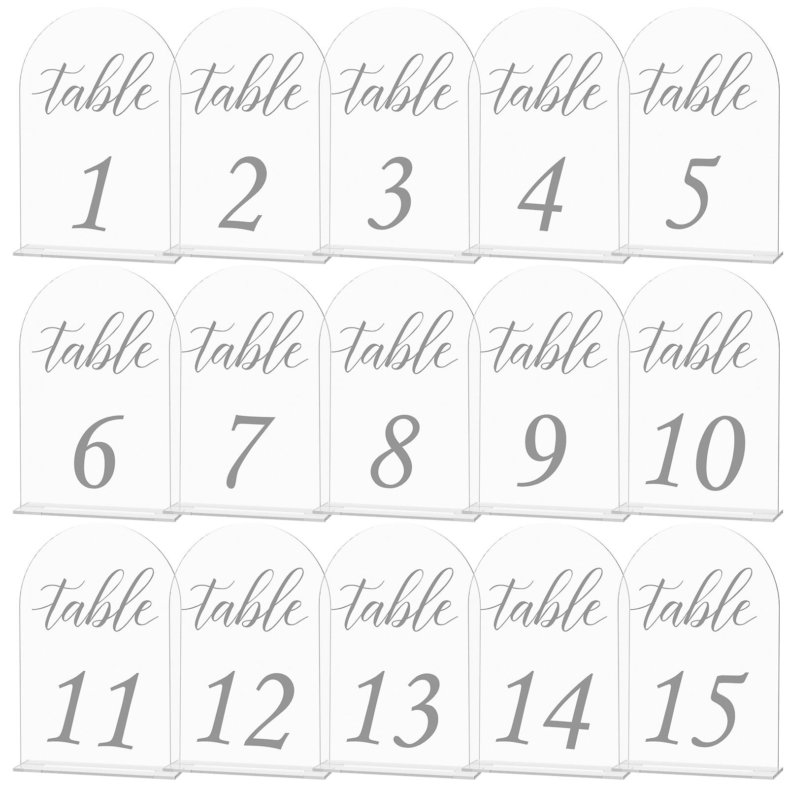 

15 Pack Frosted Arched Table Numbers 1-15 with Stands Transparent Acrylic Table Signs for Wedding Reception Table Centerpiece