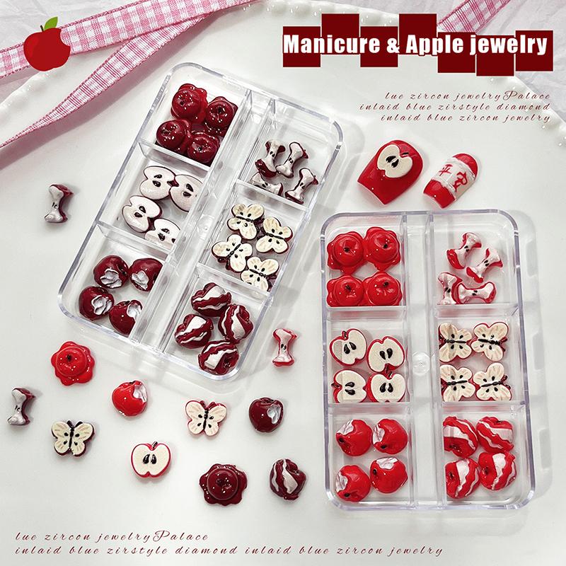 24Pcs/Box Creative Red Apple Resin Nail Charms Fruit Flatback Nail Art Slices Sweet Accessories For Diy Nail Art Decorations