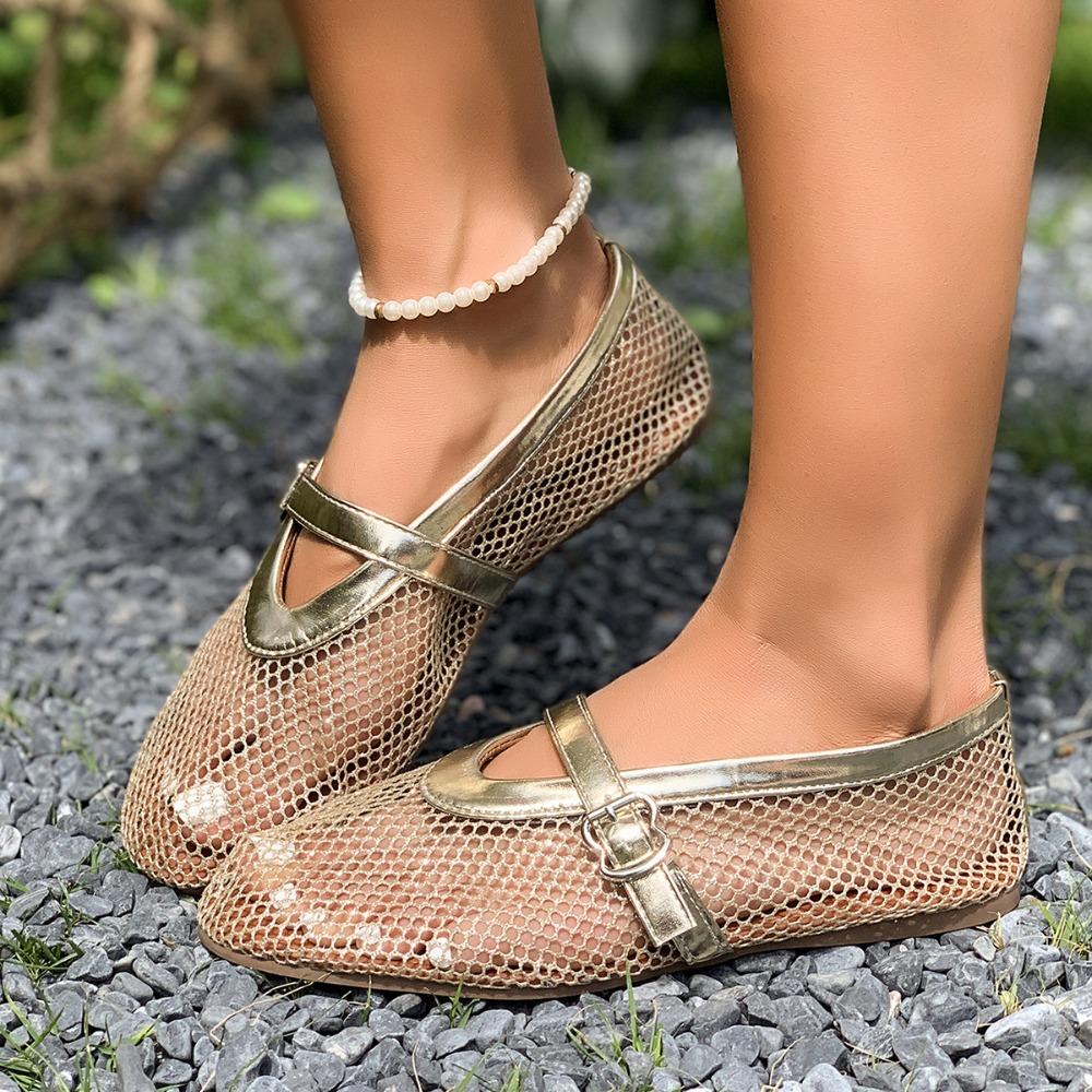 Plus Size Women Round Toe Fishnet Hollow Out Flat Sandals, New Spring Summer European Style Breathable Casual Sandals