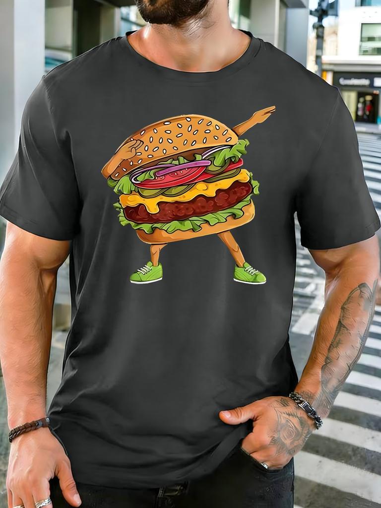 Unisexs Navy Crew Neck Tee Funny Dancing Burger With Shoes Cartoon Print Loose Summer Street Casual Daily Basic Short Sleeve Top