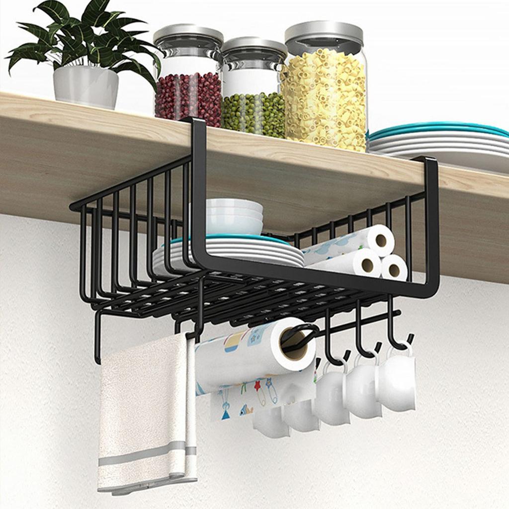 Under Shelf Wire Basket Iron Black Multifunctional Space Saving Under Cabinet Hanging Basket Organizer