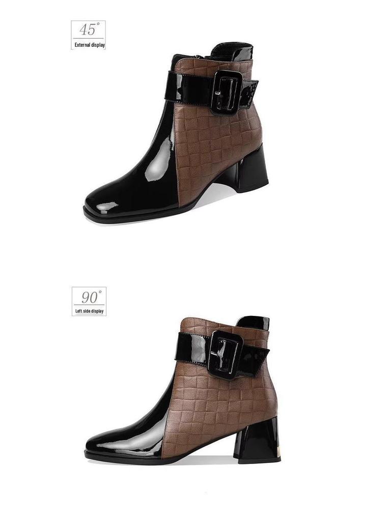 2025 Autumn/Winter Patent Leather Chunky Heel Ankle Boots with Square Toe and Buckle Details