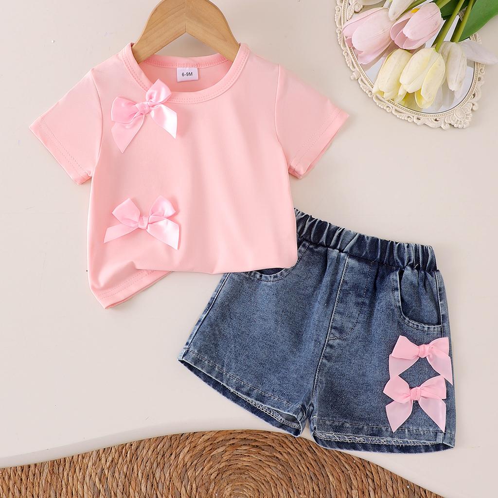 Girls' Suit: Summer Children's Bow Pink Short-sleeved T-shirt + Denim Shorts
