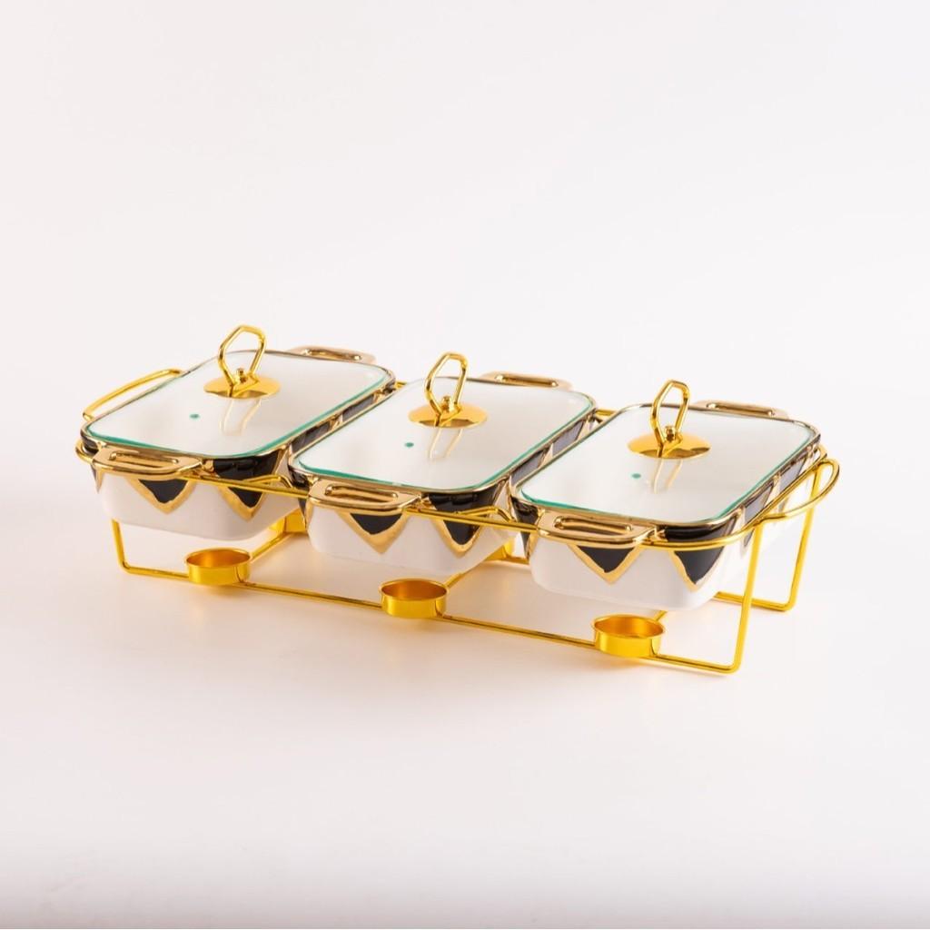 Three-grid Rectangular Ceramic Plate Soup Pot Metal Shelf Hotel Restaurant Hand-Colored Soup Pot Dry Pot Tableware Set