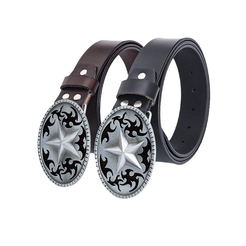 Pentagram Leather Men's Cowhide Belt Retro Smooth Buckle Wide Belt Decorative Belt