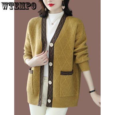 Gestrickte Strickjacke Damenpulloverjacke Frühling und Herbst Lockerer V-Ausschnitt Pullover Top