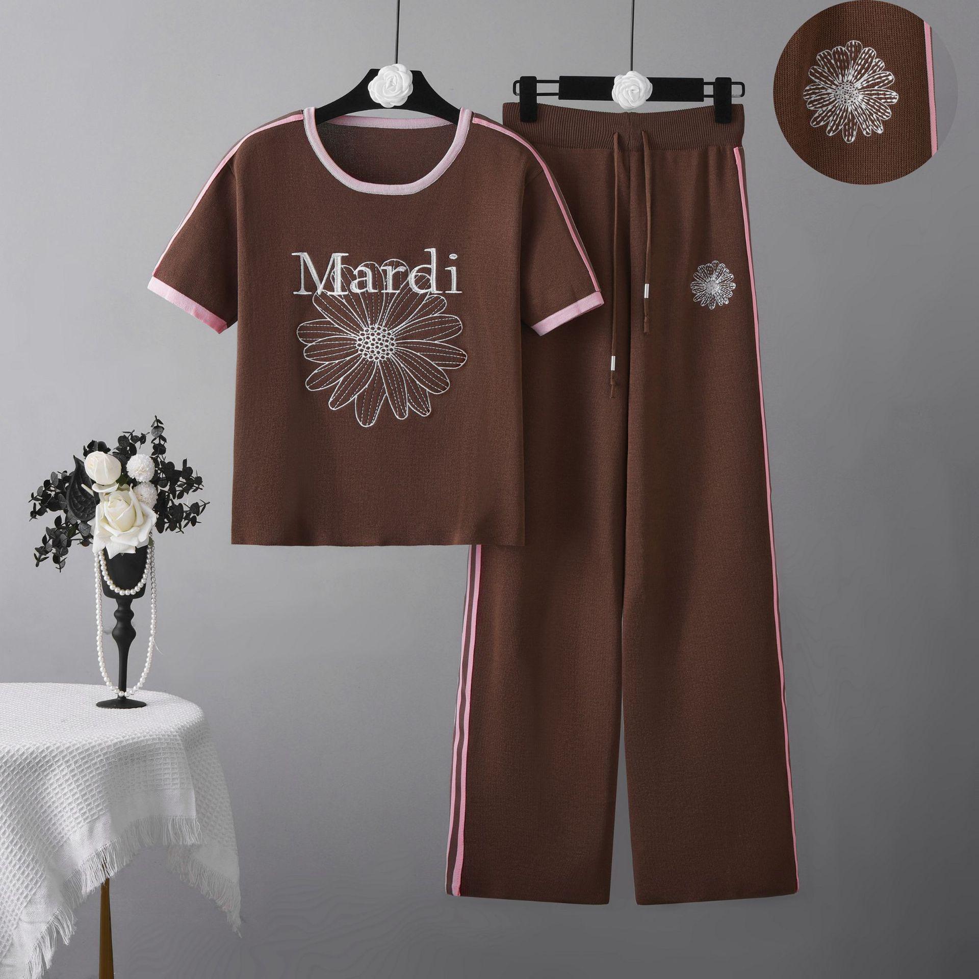 Women s Summer Knit Embroidered Floral Top & Wide-Leg Pants Set - Lightweight & Breathable One Size