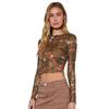 Spring Summer Ladies Leopard Floral Print Mesh Round Neck Short Long Sleeve T-Shirt