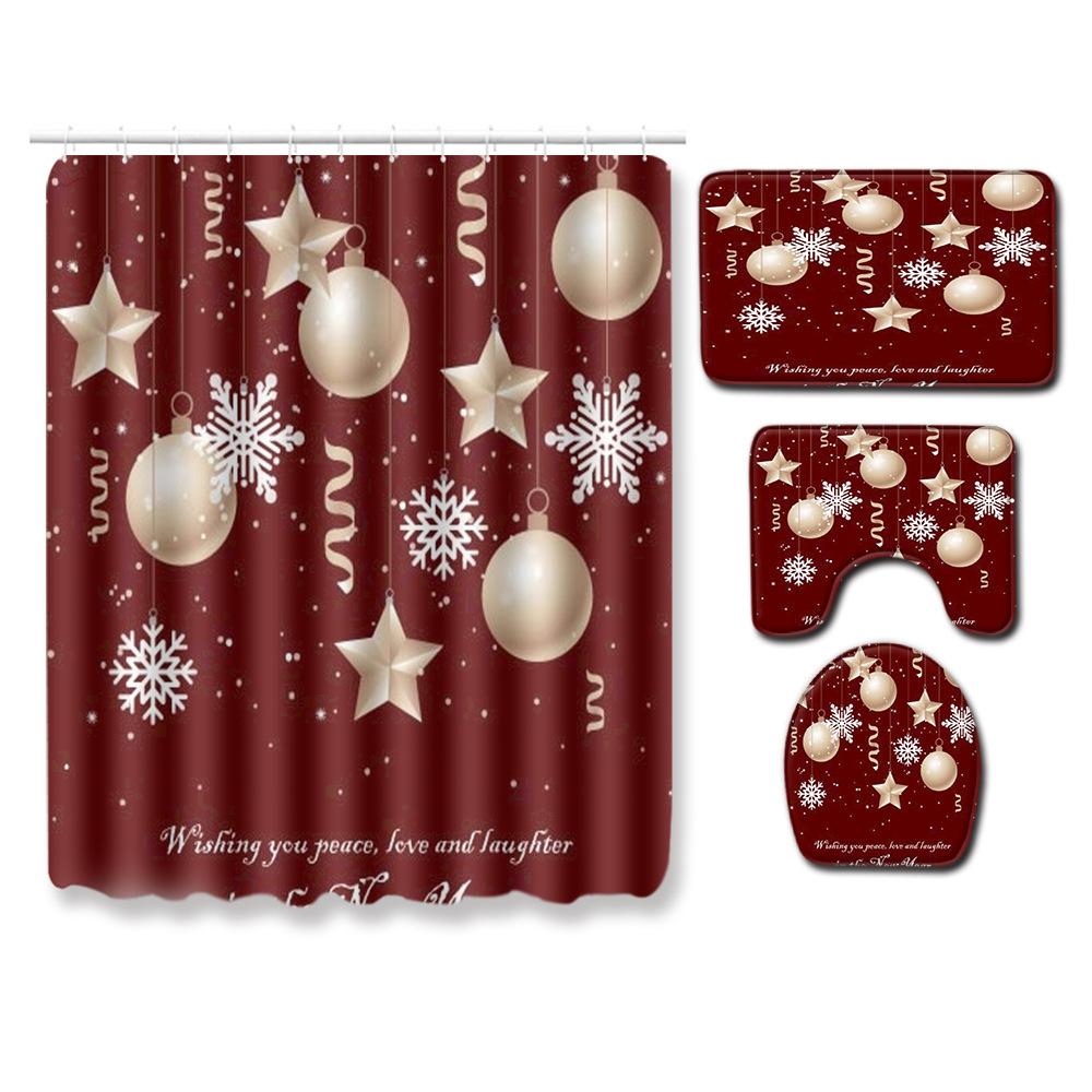 Christmas Shower Curtain Floor Mat Combination Four-Piece Set Bathroom Toilet Carpet Shower Room Mat Foot Mat