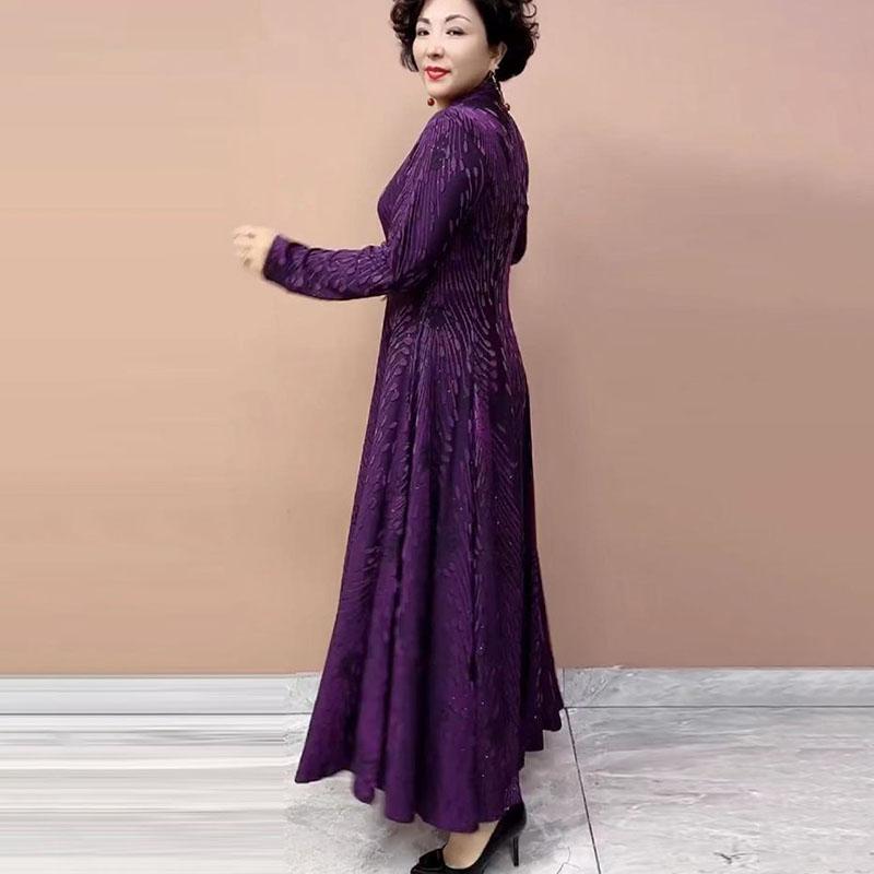 High-end Women's Plus-size Dress Spring and Autumn Slim-fit V-neck Long Printed Dress Stretchy A-line Dress