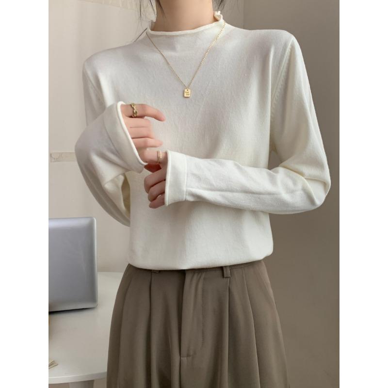 Spring black sweater women's high-end crimped inside knitted top semi-turtleneck temperament versatile bottoming shirt